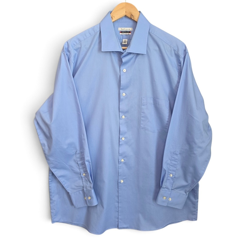 Van Heusen Dress Shirt Mens 17 32/33 Blue Flex Collar Regular Fit Wrinkle Free